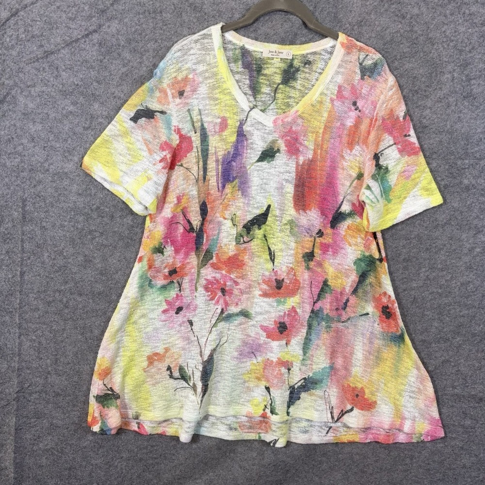 Jess & Jane Sweater Tunic Womens Sz L Pastel Floral Open Knit Stretch